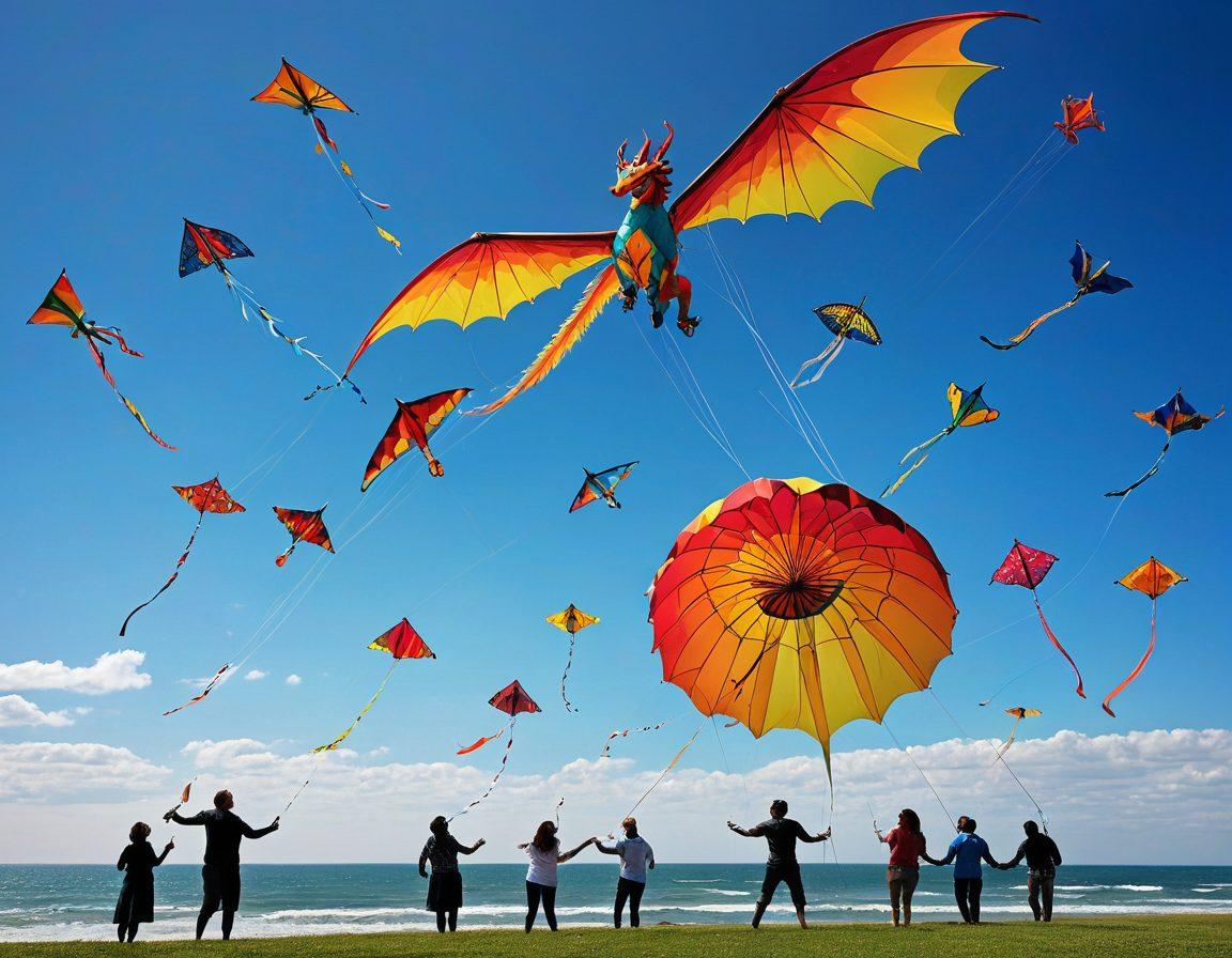 A vibrant scene depicting a fantastical world where kites of various shapes and colors soar through a bright blue sky, intermingled with elements of adult entertainment like subtle silhouettes or artistic representations. The foreground features a diverse group of adults enjoying kite-flying, with whimsical dragon kites and magical creatures dancing in the air. The atmosphere is filled with joy and creativity, emphasizing a blend of fantasy and cultural celebration. colorful, surreal art style. vibrant colors.