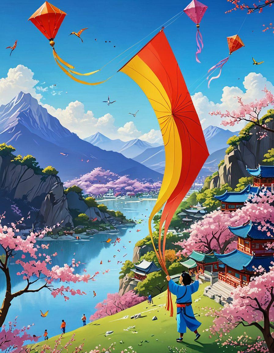 A vibrant scene depicting a colorful adult animation character joyfully flying a traditional Chinese kite against a clear blue sky. Below, a crowd of diverse people admire the artistry of kites, with a blend of animated and traditional designs. The background features beautiful mountains and cherry blossom trees, symbolizing Chinese culture. The character's playful expression captures the essence of freedom and creativity. Bright colors and whimsical elements to enhance the joyful theme. super-realistic. vibrant colors.