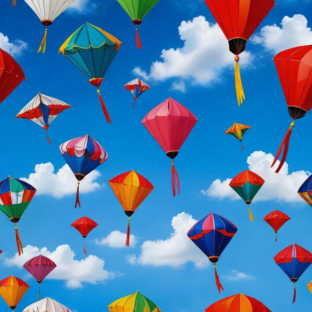 A captivating fusion of traditional Chinese kites soaring in the sky, intricately designed with elements inspired by Hentai art. The scene features vibrant colors and playful shapes, with kites in various poses that echo dance-like movements. Below, a serene landscape showing a blend of cultural elements, with subtle hints of Hentai imagery enhancing the visual storytelling. The overall atmosphere is whimsical and enchanting. vibrant colors. super-realistic. white background.